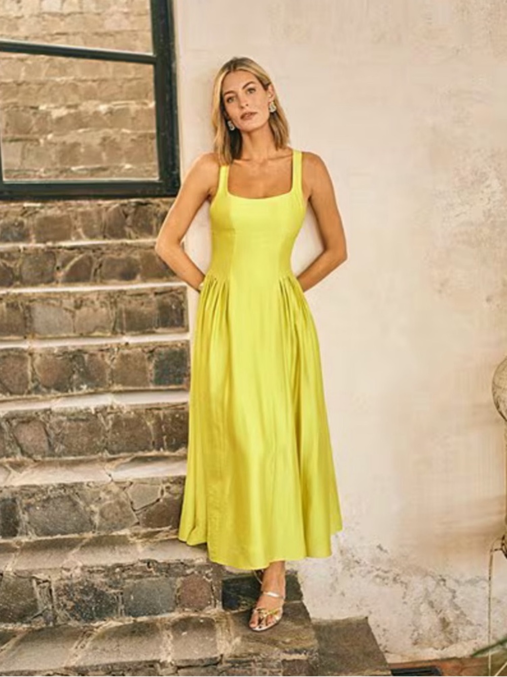 ANTONIO MELANI Yellow Square-Neck Midi Dress